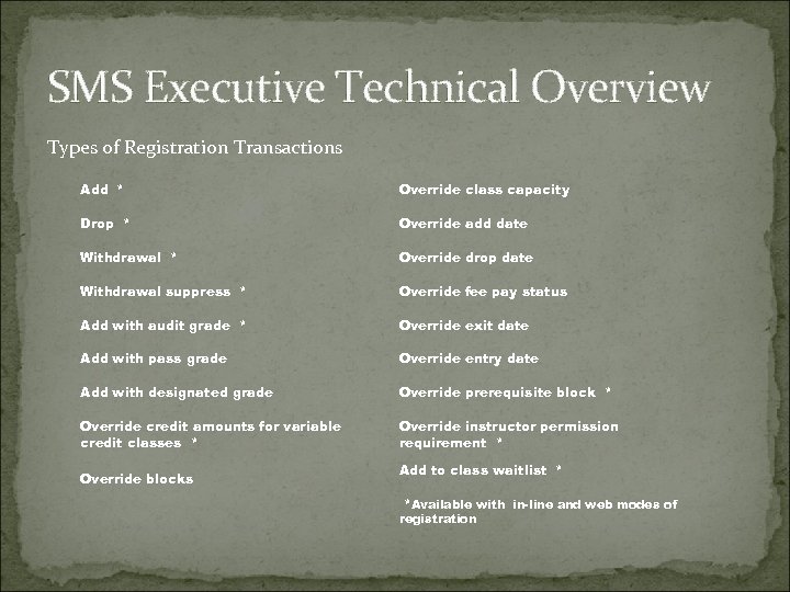 SMS Executive Technical Overview Types of Registration Transactions Add * Override class capacity Drop