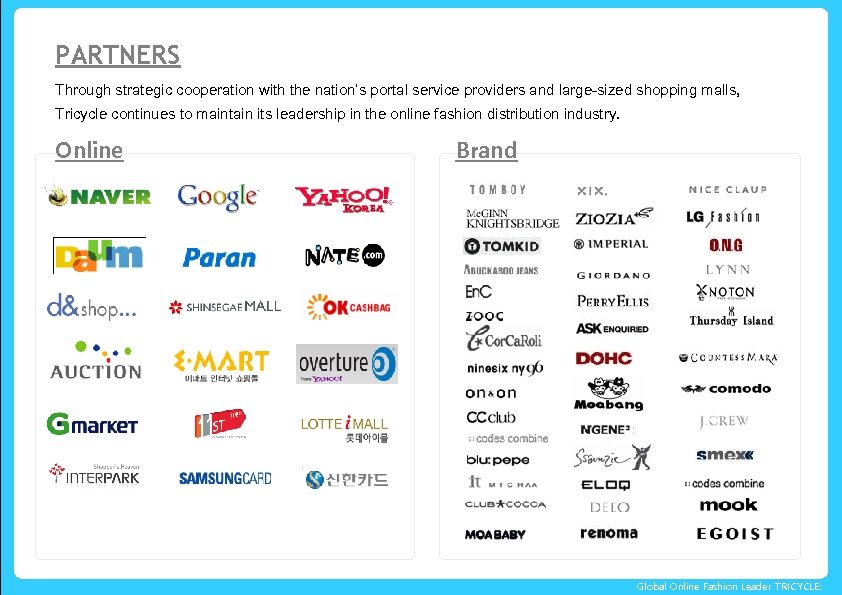 PARTNERS Through strategic cooperation with the nation’s portal service providers and large-sized shopping malls,