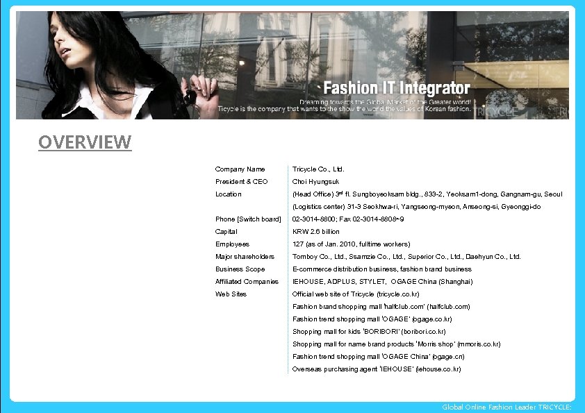 회사개요 OVERVIEW Company Name Tricycle Co. , Ltd. President & CEO Choi Hyungsuk Location