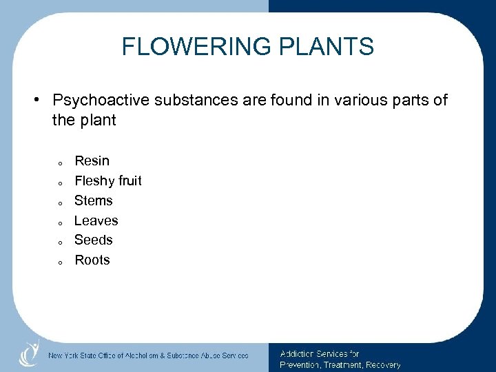 FLOWERING PLANTS • Psychoactive substances are found in various parts of the plant o