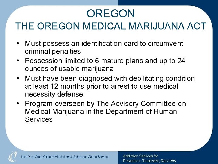 OREGON THE OREGON MEDICAL MARIJUANA ACT • Must possess an identification card to circumvent