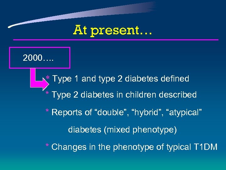 At present… 2000…. * Type 1 and type 2 diabetes defined * Type 2