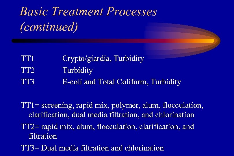 Basic Treatment Processes (continued) TT 1 TT 2 TT 3 Crypto/giardia, Turbidity E‑coli and