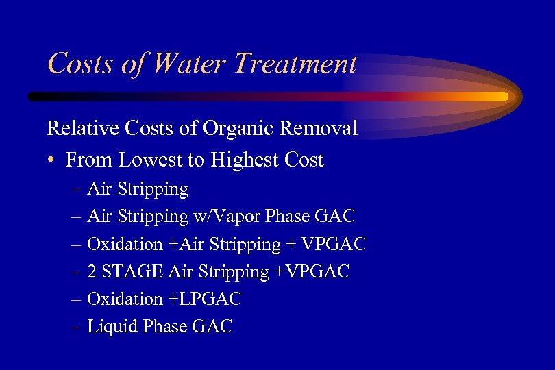 Costs of Water Treatment Relative Costs of Organic Removal • From Lowest to Highest