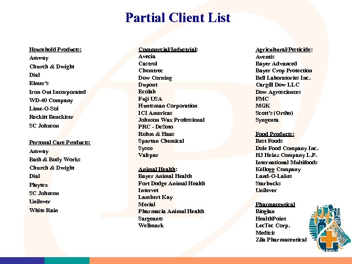 Partial Client List Household Products: Amway Church & Dwight Dial Elmer’s Iron Out Incorporated