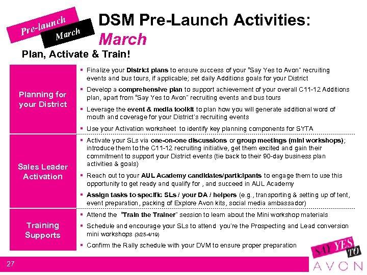 h c -laun re P h Marc DSM Pre-Launch Activities: March Plan, Activate &