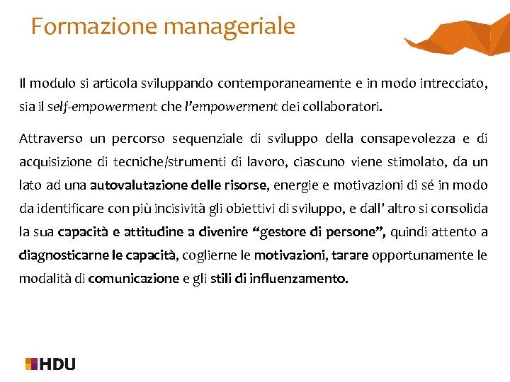 Formazione manageriale Il modulo si articola sviluppando contemporaneamente e in modo intrecciato, sia il