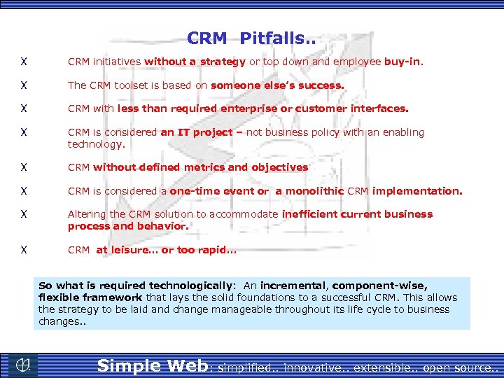 CRM Pitfalls. . X CRM initiatives without a strategy or top down and employee