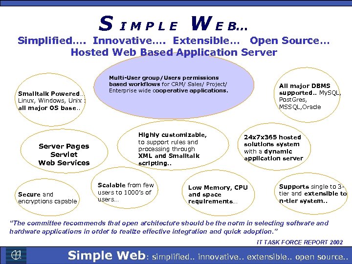 S IMPLE W E B… Simplified…. Innovative…. Extensible… Open Source… Hosted Web Based Application