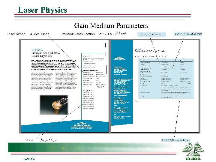 Laser Physics Gain Medium Parameters 16 04/22/04 