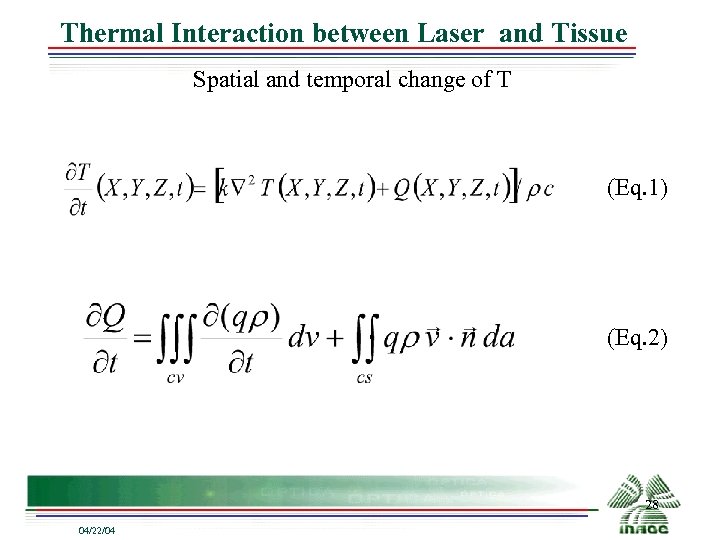Thermal Interaction between Laser and Tissue Spatial and temporal change of T (Eq. 1)