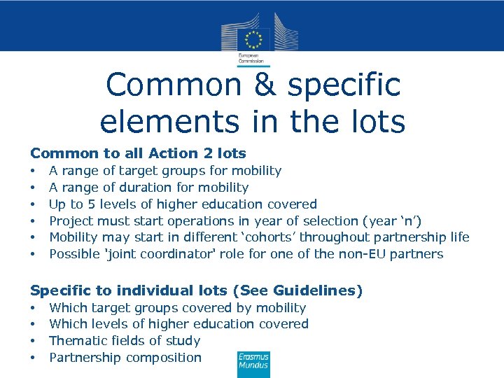 Common & specific elements in the lots Common to all Action 2 lots •