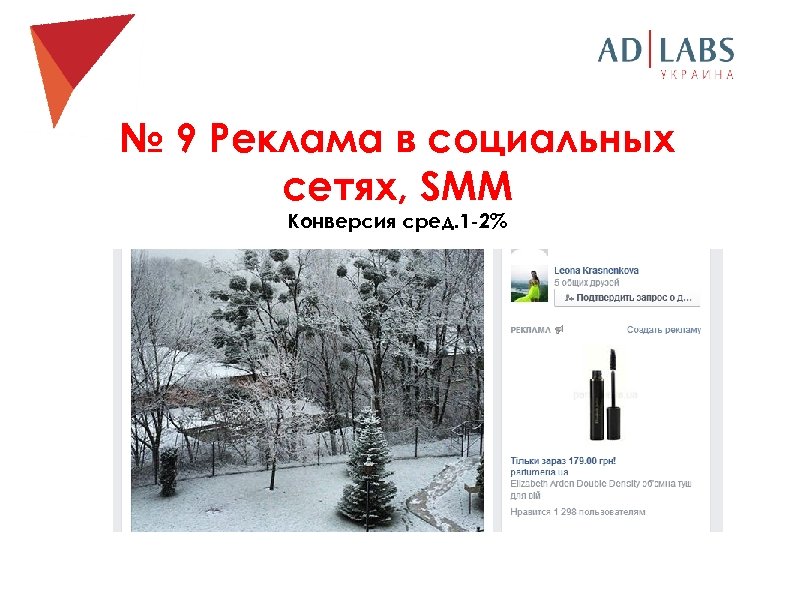 № 9 Реклама в социальных сетях, SMM Конверсия сред. 1 -2% 