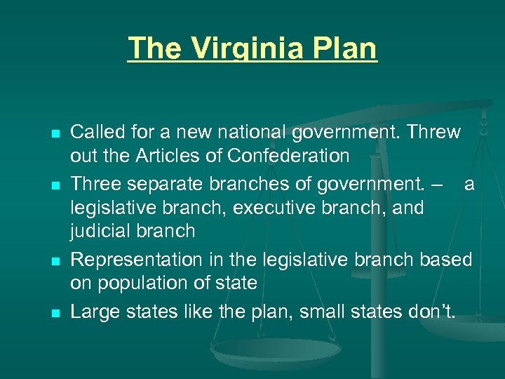 The Virginia Plan n n Called for a new national government. Threw out the
