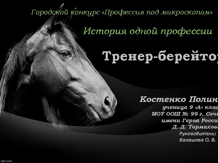 Городской конкурс «Профессия под микроскопом» История одной профессии Тренер-берейтор Костенко Полина ученица 9 «А»