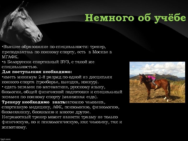Немного об учёбе • Высшее образование по специальности: тренер, преподаватель по конному спорту, есть