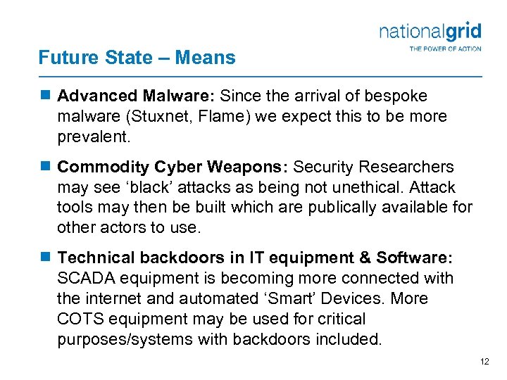 Future State – Means ¾ Advanced Malware: Since the arrival of bespoke malware (Stuxnet,