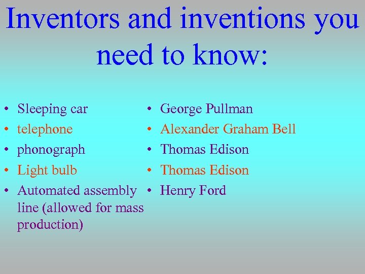 Inventors and inventions you need to know: • • • Sleeping car • telephone