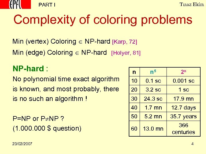 Tınaz Ekim PART I Complexity of coloring problems Min (vertex) Coloring NP-hard [Karp, 72]