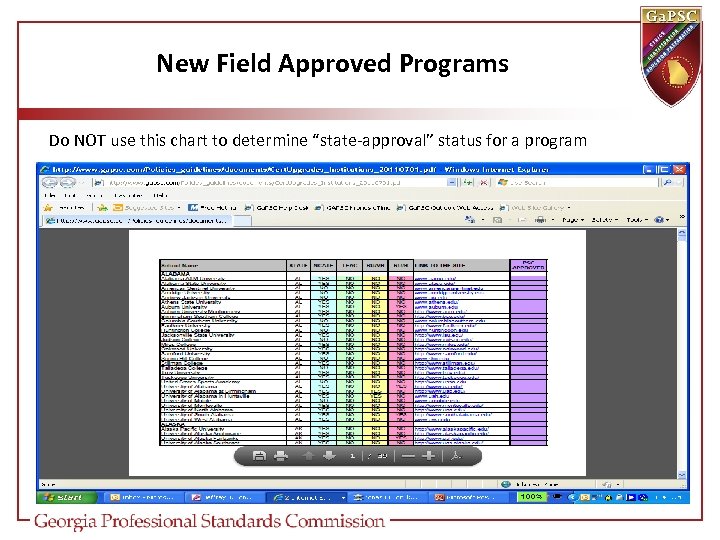 New Field Approved Programs Do NOT use this chart to determine “state-approval” status for