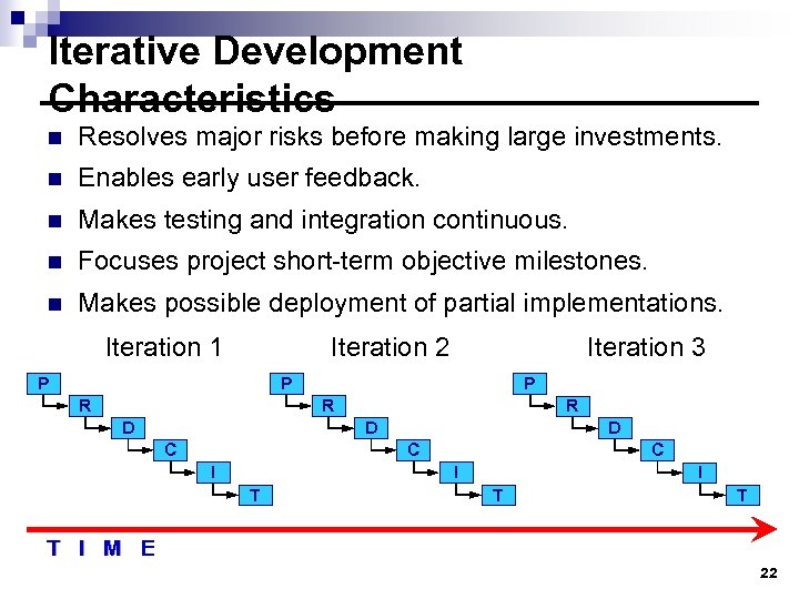 Iterative Development Characteristics n Resolves major risks before making large investments. n Enables early