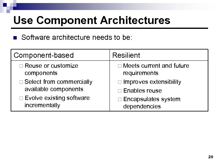 Use Component Architectures n Software architecture needs to be: Component-based ¨ Reuse or customize