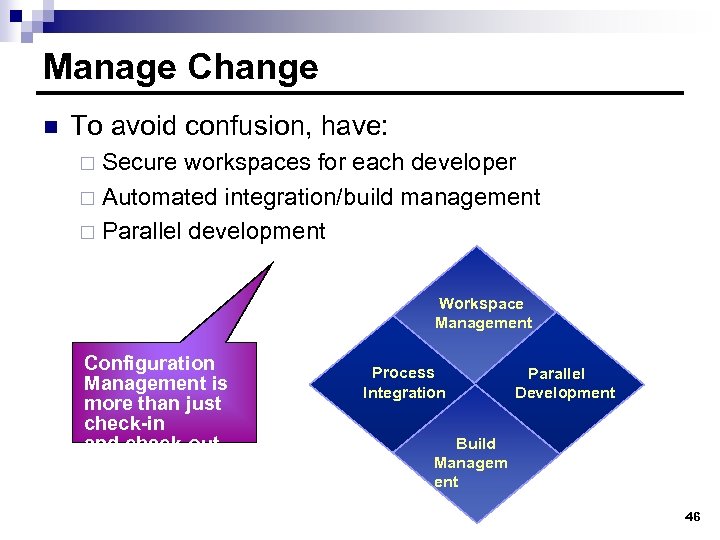 Manage Change n To avoid confusion, have: Secure workspaces for each developer ¨ Automated
