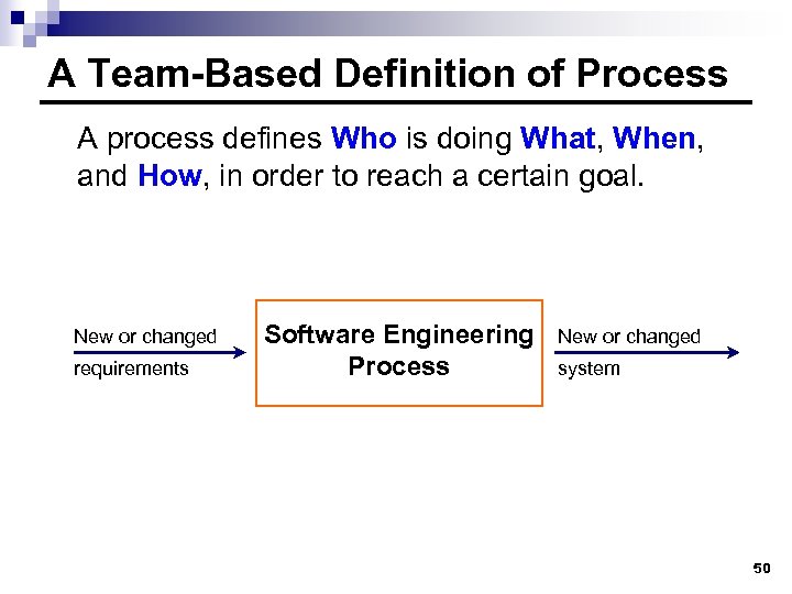 A Team-Based Definition of Process A process defines Who is doing What, When, and