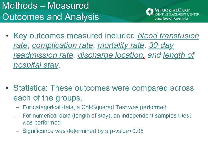 Methods – Measured Outcomes and Analysis Long Beach Memorial • Key outcomes measured included