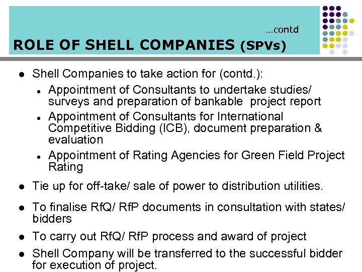 …contd ROLE OF SHELL COMPANIES (SPVs) l Shell Companies to take action for (contd.