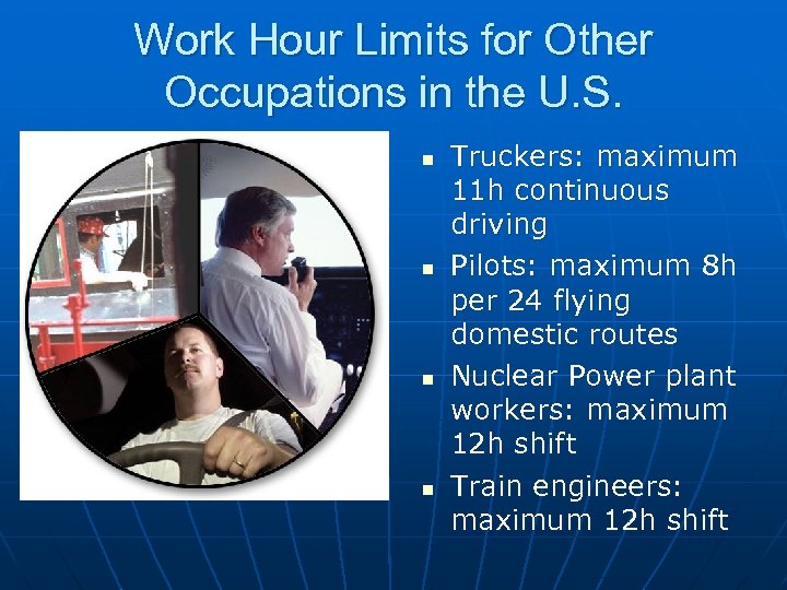 Work Hour Limits for Other Occupations in the U. S. n n Truckers: maximum