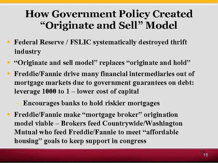 How Government Policy Created “Originate and Sell” Model § Federal Reserve / FSLIC systematically