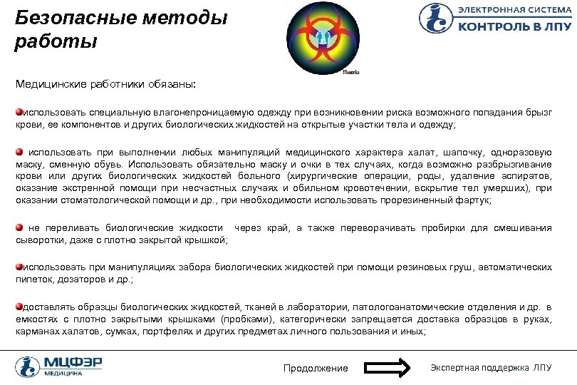 Безопасные методы работы Медицинские работники обязаны: использовать специальную влагонепроницаемую одежду при возникновении риска возможного