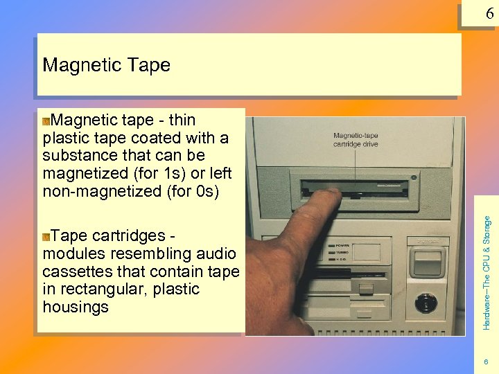 6 Magnetic Tape cartridges modules resembling audio cassettes that contain tape in rectangular, plastic