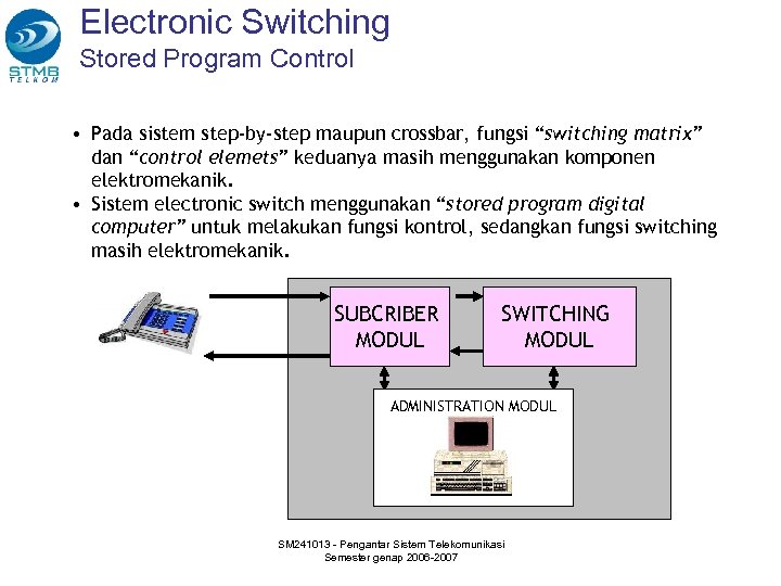 Electronic Switching Stored Program Control • Pada sistem step-by-step maupun crossbar, fungsi “switching matrix”