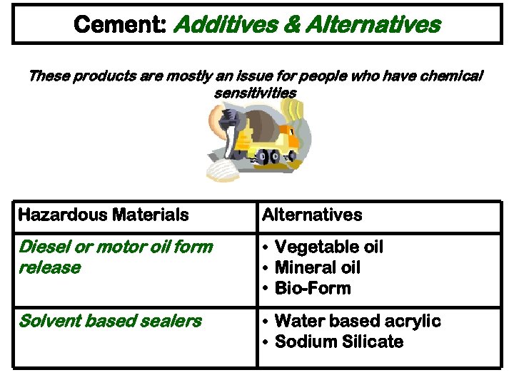 Cement: Additives & Alternatives These products are mostly an issue for people who have