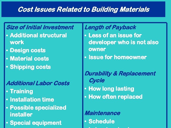 Cost Issues Related to Building Materials Size of Initial Investment • Additional structural Length