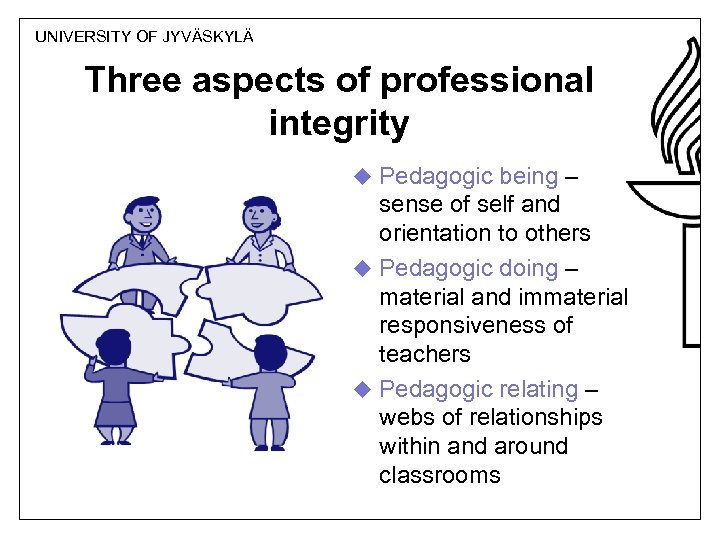 UNIVERSITY OF JYVÄSKYLÄ Three aspects of professional integrity u Pedagogic being – sense of