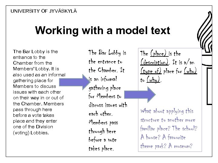 UNIVERSITY OF JYVÄSKYLÄ Working with a model text The Bar Lobby is the entrance
