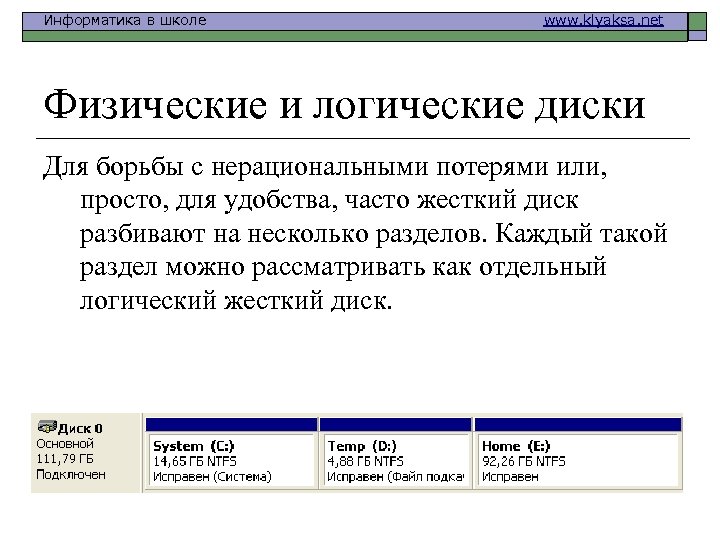 Информатика в школе www. klyaksa. net Физические и логические диски Для борьбы с нерациональными