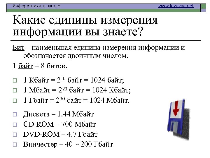 Информатика в школе www. klyaksa. net Какие единицы измерения информации вы знаете? Бит –