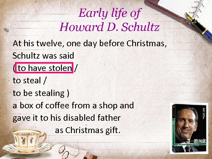 Early life of Howard D. Schultz At his twelve, one day before Christmas, Schultz