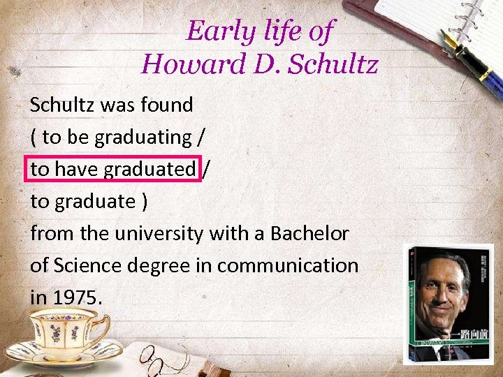 Early life of Howard D. Schultz was found ( to be graduating / to