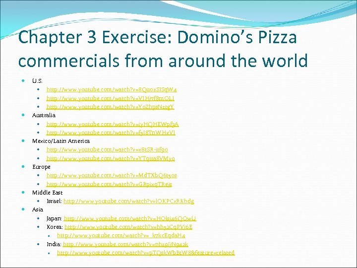 Chapter 3 Exercise: Domino’s Pizza commercials from around the world U. S. http: //www.