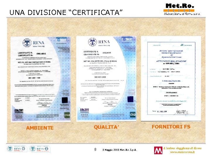 UNA DIVISIONE “CERTIFICATA” AMBIENTE QUALITA’ 8 5 Maggio 2005 Met. Ro. S. p. A.