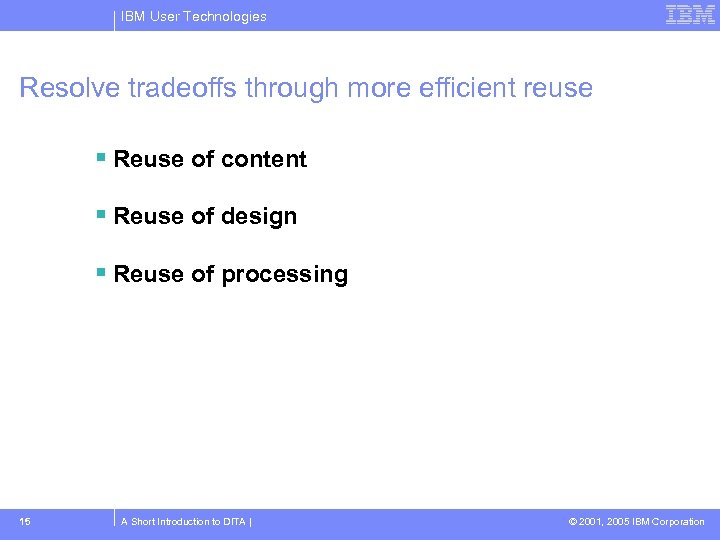 IBM User Technologies Resolve tradeoffs through more efficient reuse Reuse of content Reuse of