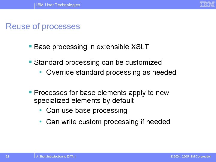 IBM User Technologies Reuse of processes Base processing in extensible XSLT Standard processing can