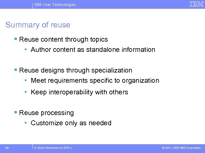 IBM User Technologies Summary of reuse Reuse content through topics • Author content as