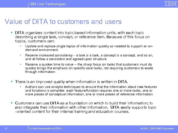 IBM User Technologies Value of DITA to customers and users DITA organizes content into