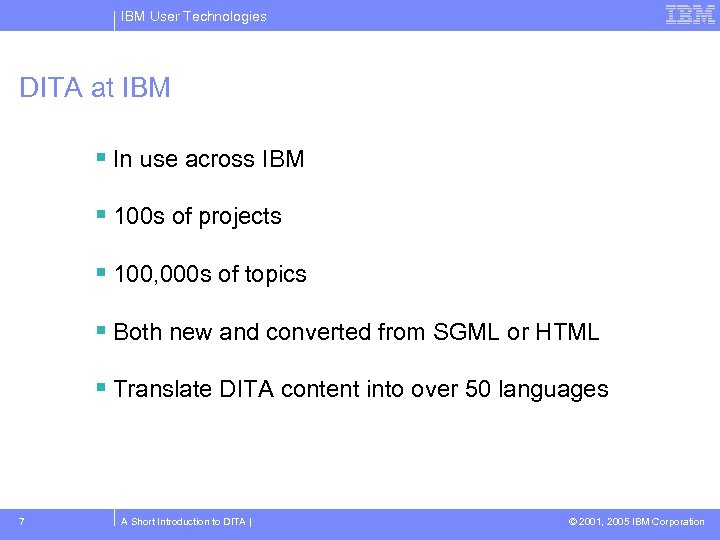 IBM User Technologies DITA at IBM In use across IBM 100 s of projects